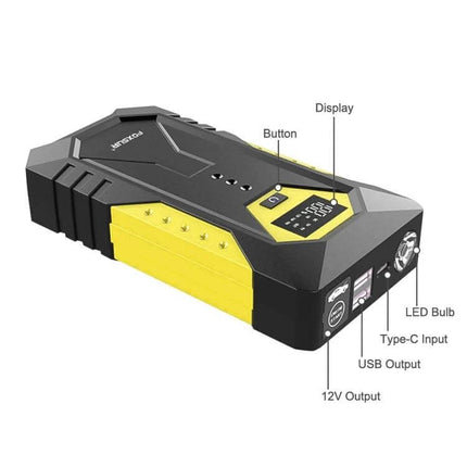 FOXSUR Portable Emergency Car Jump Starter Power Supply compact black yellow unit with LED, Type-C, USB and 12V outputs