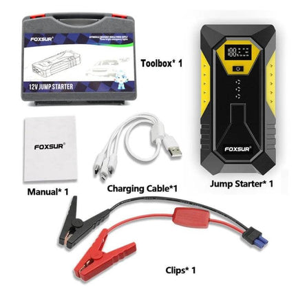 FOXSUR Portable Emergency Car Jump Starter Power Supply with jump starter, toolbox, charging cable, manual and clips