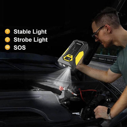 FOXSUR Portable Emergency Car Jump Starter Power Supply used to jump-start a car and provide stable, strobe and SOS flashlight lighting
