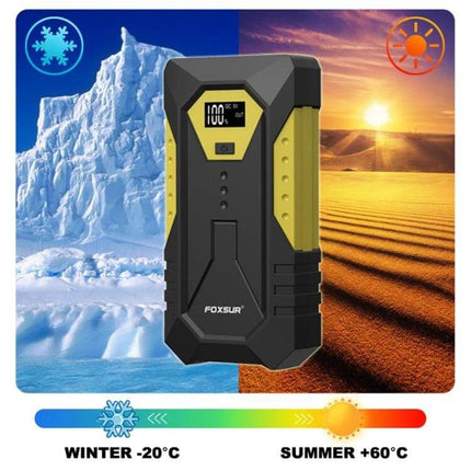FOXSUR Portable Emergency Car Jump Starter Power Supply compact jump starter shown against icy and desert backgrounds, digital display, extreme temp range