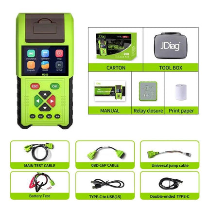 JDiag Tool for Everyday Motorcycle Maintenance Checks handheld diagnostic unit with cables, toolbox, manual and accessories