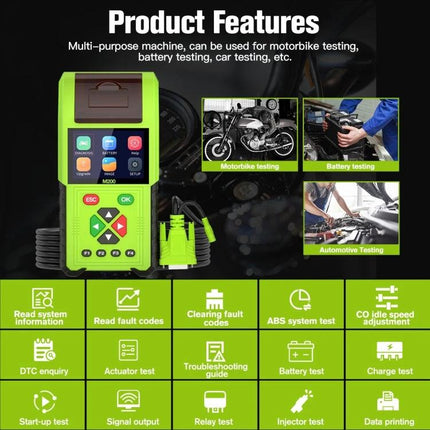 JDiag Tool for Everyday Motorcycle Maintenance Checks handheld diagnostic device showing features like battery test and fault code reading