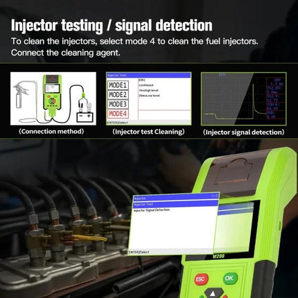 JDiag Tool for Everyday Motorcycle Maintenance Checks showing injector testing, signal detection screens and handheld diagnostic unit