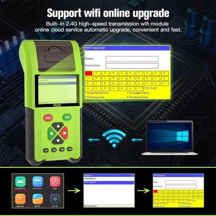 JDiag Tool for Everyday Motorcycle Maintenance Checks handheld diagnostic device showing WiFi upgrade screen and laptop connection