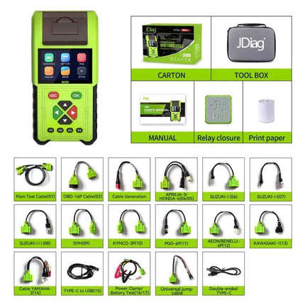 JDiag Device for Routine Motorcycle Diagnostics and Maintenance handheld tool with cables, toolbox, manual and accessories