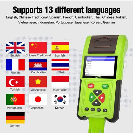 JDiag Device for Routine Motorcycle Diagnostics and Maintenance handheld unit showing language flags and battery/engine diagnostic screen