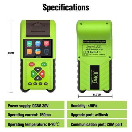 JDiag Device for Routine Motorcycle Diagnostics and Maintenance handheld diagnostics tool showing front and back views with dimensions and specs