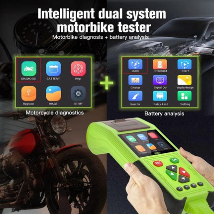 JDiag Device for Routine Motorcycle Diagnostics and Maintenance handheld unit showing diagnostic and battery analysis screens