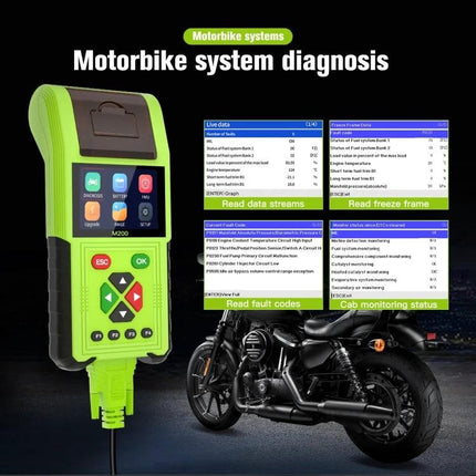 JDiag Device for Routine Motorcycle Diagnostics and Maintenance handheld tool showing diagnostics screen with motorcycle and battery test features