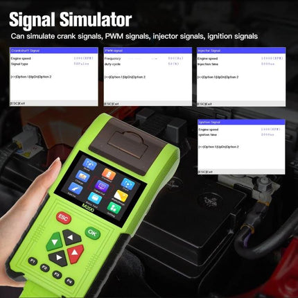 JDiag Device for Routine Motorcycle Diagnostics and Maintenance handheld signal simulator showing battery test and engine diagnostics on-screen