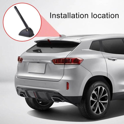 Aluminum Alloy Car Roof Antenna Mast for Radio Signal Use installed on silver SUV rear roof using adhesive, sleek decorative mast close-up