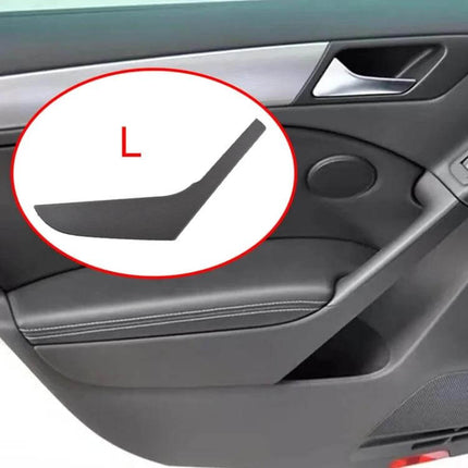 VW Golf Left Interior Door Handle Cover Replacement - PC replacement part shown installed on left interior door panel, textured finish matching cabin