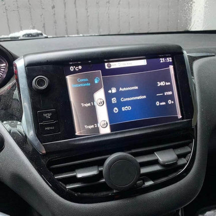 Replacement Touch Screen for Peugeot 208, 2008, 308 and Citroen C5 installed in car dash showing infotainment display and controls