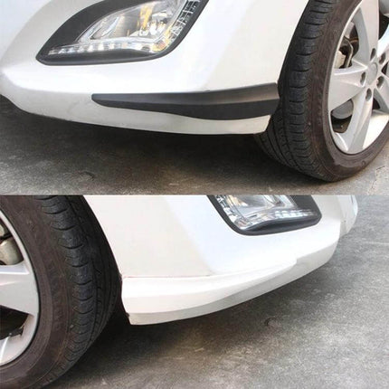 Carbon Fiber Silicone Bumper Strip for Car Door Protection on white car bumper showing installation and wheel, front corner impact guard