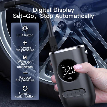 Compact Portable Tire Inflator for Everyday Vehicle Maintenance shown with digital display and hose against car wheel