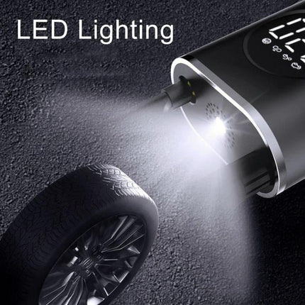 Compact Portable Tire Inflator for Everyday Vehicle Maintenance with LED lighting inflating a car tire, USB and cigarette plug powered