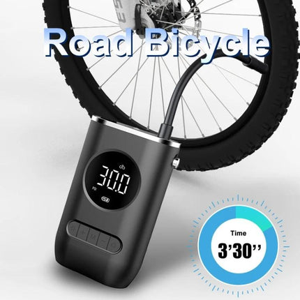 Compact Portable Tire Inflator for Everyday Vehicle Maintenance - small digital pump inflating a bicycle tire, plug-in or battery powered, fits glove compartment