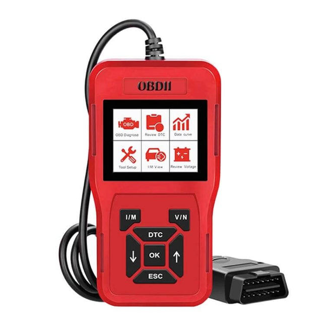 TK209 Compact OBD2 Code Reader for Car Diagnostics handheld red OBDII scanner showing menu, cable and connector