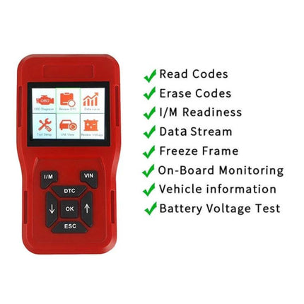 TK209 Compact OBD2 Code Reader for Car Diagnostics handheld device showing menu screen and list of features like read/erase codes, data stream, freeze frame