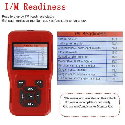 TK209 Compact OBD2 Code Reader for Car Diagnostics handheld displaying I/M Readiness screen and diagnostic menu