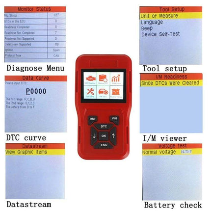 TK209 Compact OBD2 Code Reader for Car Diagnostics red handheld device showing menu, DTC P0000, datastream, tool setup and battery check
