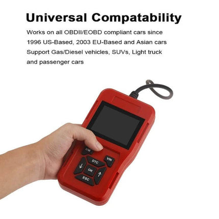 TK209 Compact OBD2 Code Reader for Car Diagnostics portable red handheld scanner showing screen and buttons for reading and clearing engine fault codes