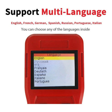 TK209 Compact OBD2 Code Reader for Car Diagnostics showing language selection screen with English, Français, Deutsch, Español