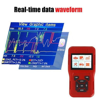 TK209 Compact OBD2 Code Reader for Car Diagnostics showing real-time waveform data screen and red handheld device