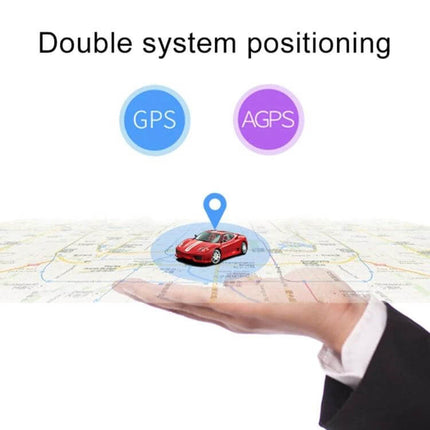 Deaoke Wireless GPS Tracker for Vehicle Security with Remote Control showing GPS and AGPS double positioning over a car on a map