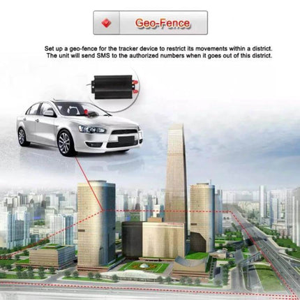 Deaoke Wireless GPS Tracker for Vehicle Security with Remote Control - geo-fence vehicle tracking image showing device, car and city perimeter