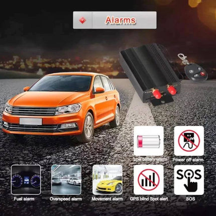 Deaoke Wireless GPS Tracker for Vehicle Security with Remote Control shown with orange car, remote control and alarm icons