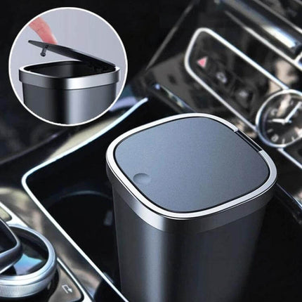 Car Center Armrest Storage Box With Push Lid Trash Can in car cup holder, one-handed push-lid, elastic opening, durable ABS travel trash bin
