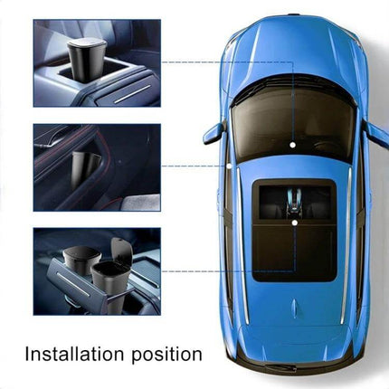 Car Center Armrest Storage Box With Push Lid Trash Can installed in car center console showing one-handed push lid and elastic opening