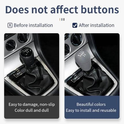 Silicone Dustproof Shift Knob Cover For Volkswagen 6-Speed installed on gear lever showing before and after installation, protects from dust and wear