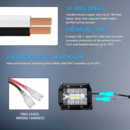 Off Road Vehicle Waterproof Switch Wiring Harness For Lights showing 14 AWG wires, thermoplastic insulation, two leads and LED work light hookup