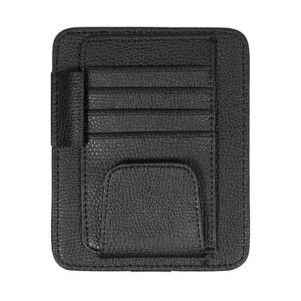 Multifunctional Litchi Pattern PU Leather Glasses Holder On Sun Visor - black PU leather visor organizer with card slots and sunglass pocket