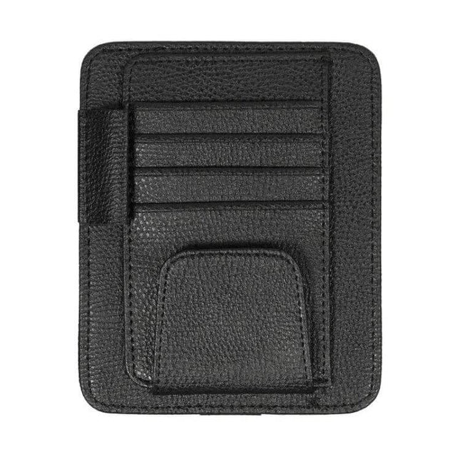 Multifunctional Litchi Pattern PU Leather Glasses Holder On Sun Visor - black PU leather visor organizer with card slots and sunglass pocket