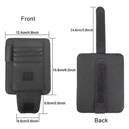 Multifunctional Litchi Pattern PU Leather Glasses Holder On Sun Visor in black showing front card slots and back strap with dimensions