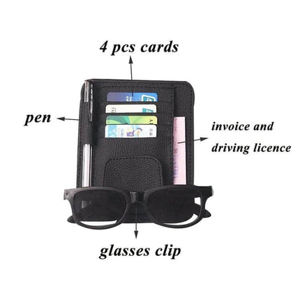 Multifunctional Litchi Pattern PU Leather Glasses Holder On Sun Visor with glasses clip, card slots, pen pocket and document sleeve