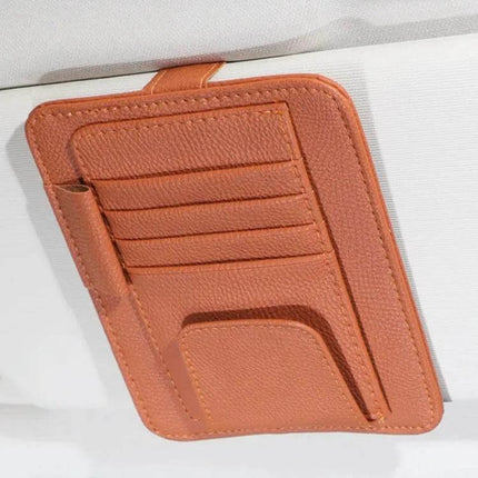 Multifunctional Litchi Pattern PU Leather Glasses Holder On Sun Visor in brown with card slots and pen loop for car visor storage