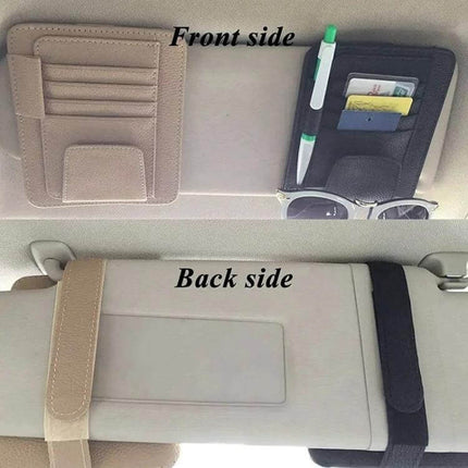 Multifunctional Litchi Pattern PU Leather Glasses Holder On Sun Visor secured to visor showing front pockets for sunglasses, cards and pen