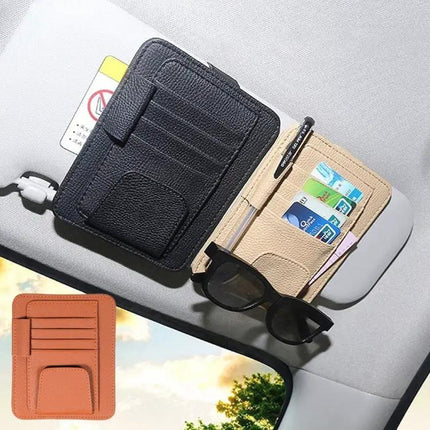 Multifunctional Litchi Pattern PU Leather Glasses Holder On Sun Visor | Syndmart