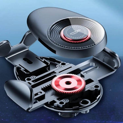 Universal Car Phone Holder With Auto Clamp For 4.7 To 7.2 Inch Phones showing internal gears, four-corner silicone pads and gravity-activated auto clamp mechanism