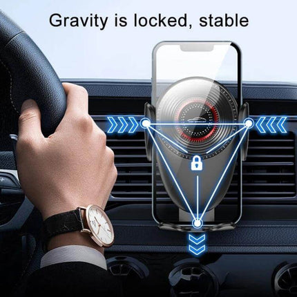 Universal Car Phone Holder With Auto Clamp For 4.7 To 7.2 Inch Phones showing gravity-activated clamp on car vent with four-corner anti-slip silicone support