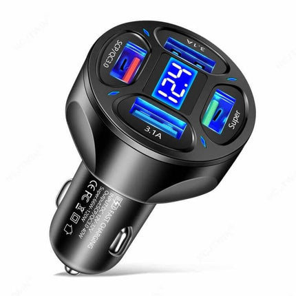 Car Charger With Digital Display And Voltmeter 4 In 1 showing four USB ports, blue LED digital voltmeter display and compact black design