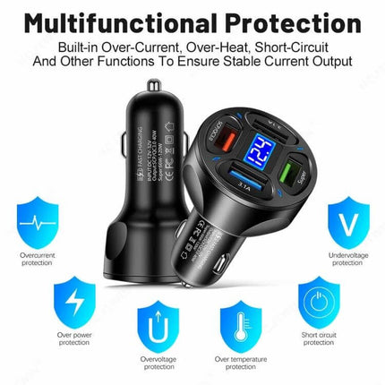 Car Charger With Digital Display And Voltmeter 4 In 1 compact 66W car charger with dual USB fast‑charge ports and digital voltmeter display