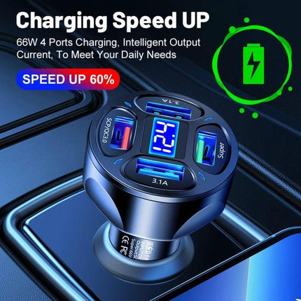 Car Charger With Digital Display And Voltmeter 4 In 1 – compact 66W 4-port car charger with digital voltmeter and dual fast‑charge USB ports