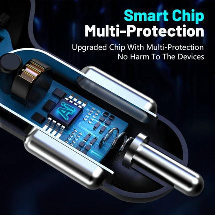 Car Charger With Digital Display And Voltmeter 4 In 1 showing internal smart chip and multi-protection circuitry