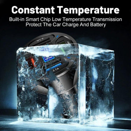 Car Charger With Digital Display And Voltmeter 4 In 1 compact 66W dual USB fast‑charge with voltmeter shown iced to illustrate constant temperature protection