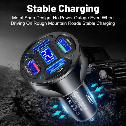 Car Charger With Digital Display And Voltmeter 4 In 1 compact 66W dual USB car charger with voltmeter and digital display